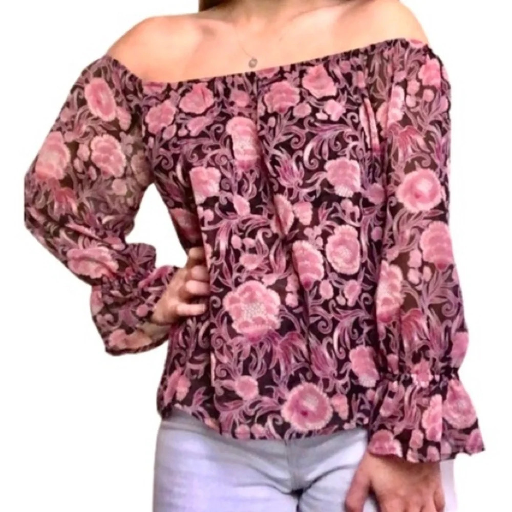 EXPRESS Sheer Floral Long Ruffle Sleeves Off Shoulder Boho Chic Blouse size XS